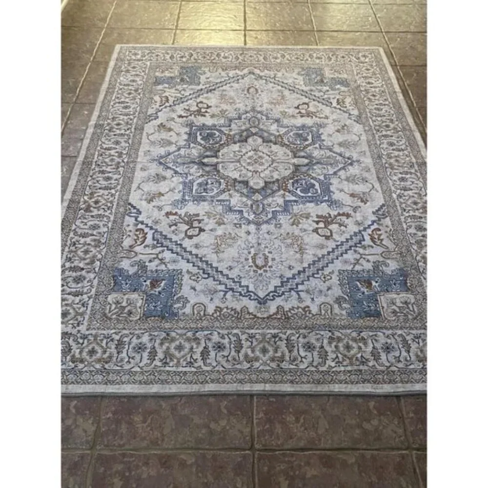 5x7 Soft Neutral Washable Rug Faux Cashmere Non-Slip Low-Pile Carpet, Light Grey
